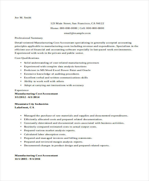 manufacturing cost accountant resume