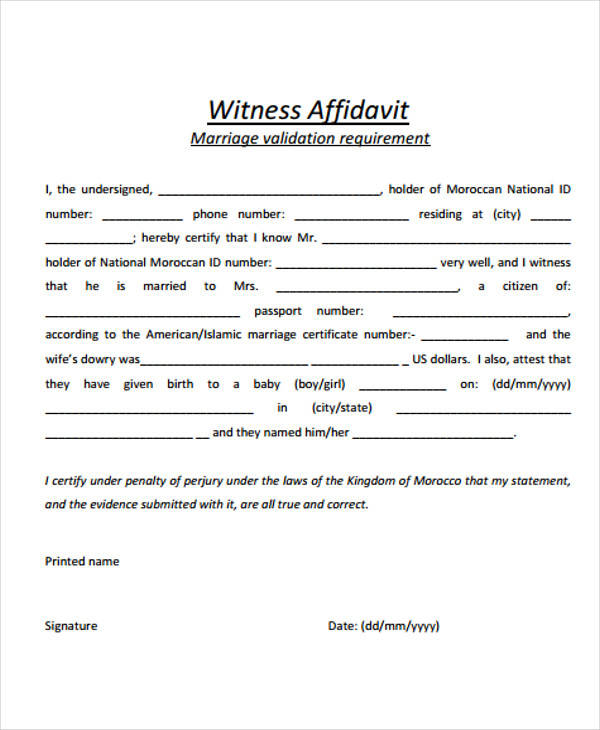 marriage witness affidavit form
