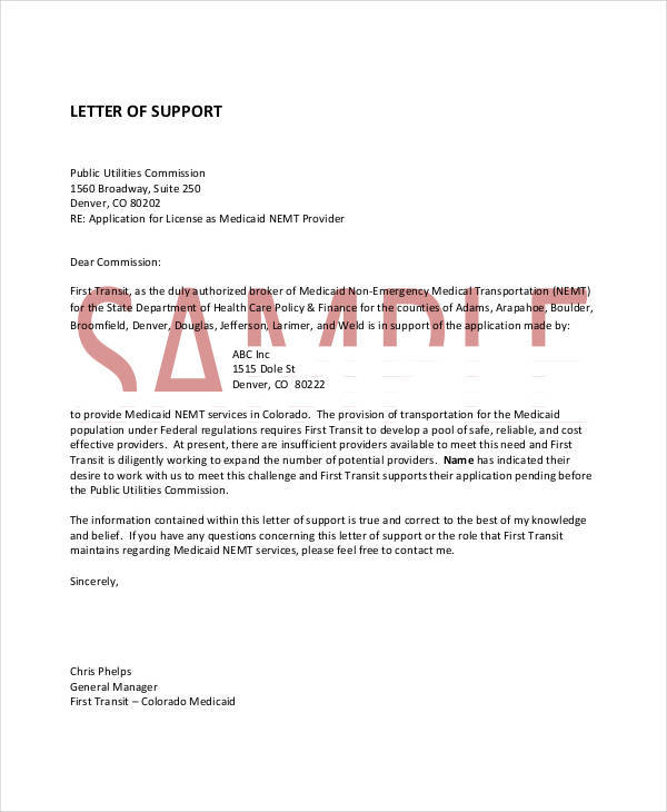 Financial Support Letter Of Support Sample