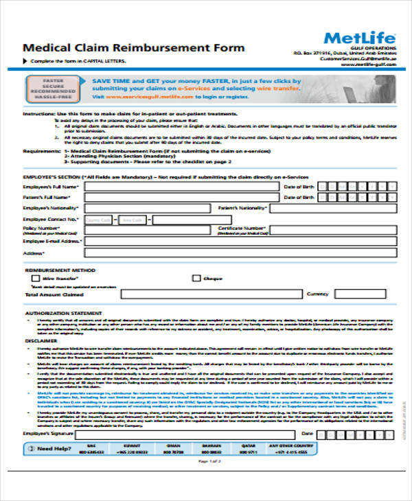 medical claim reimbursement form