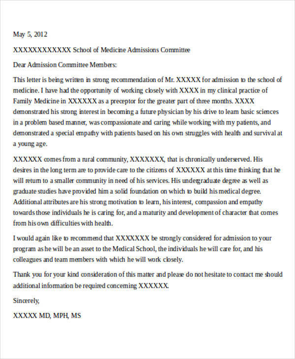 medical school admission recommendation letter