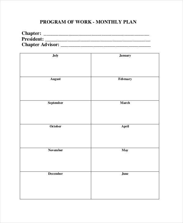 monthly work plan sheet