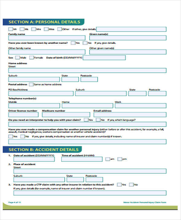 motor accident personal injury claim form