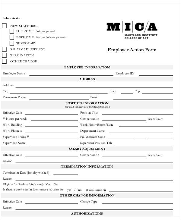 new employee action form