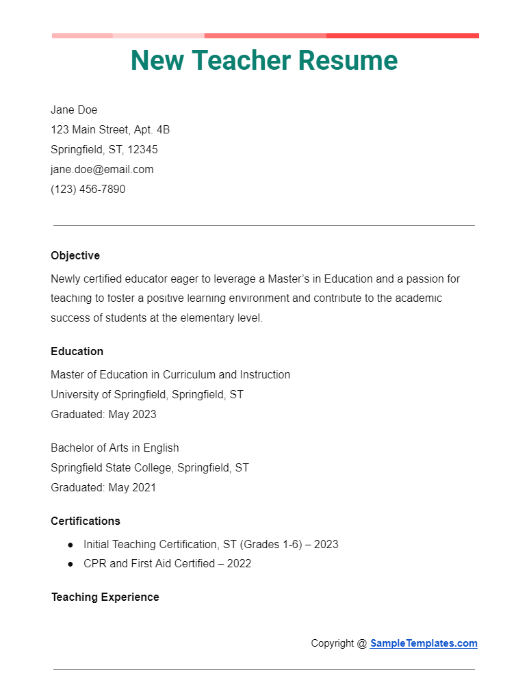 new teacher resume