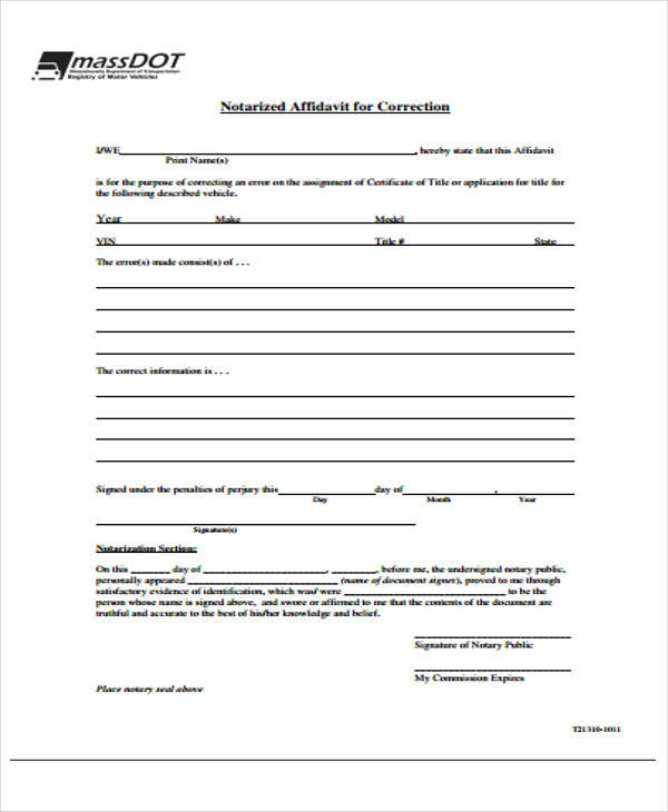 notary affidavit for correction form