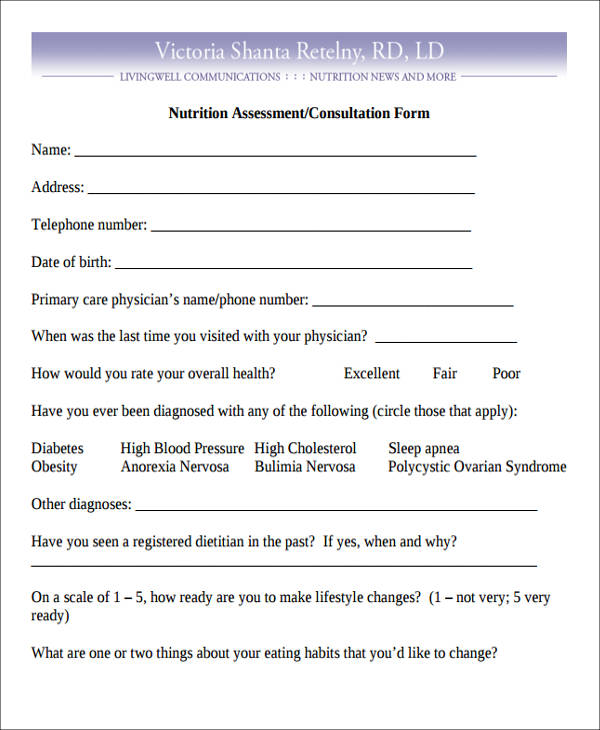 nutrition consulting assessment form