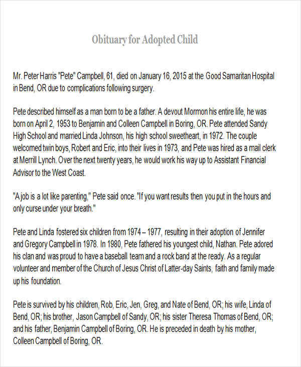 obituary for adopted child