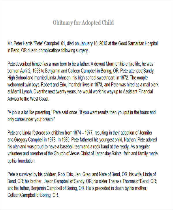 FREE 38 Sample Obituary In PDF MS Word
