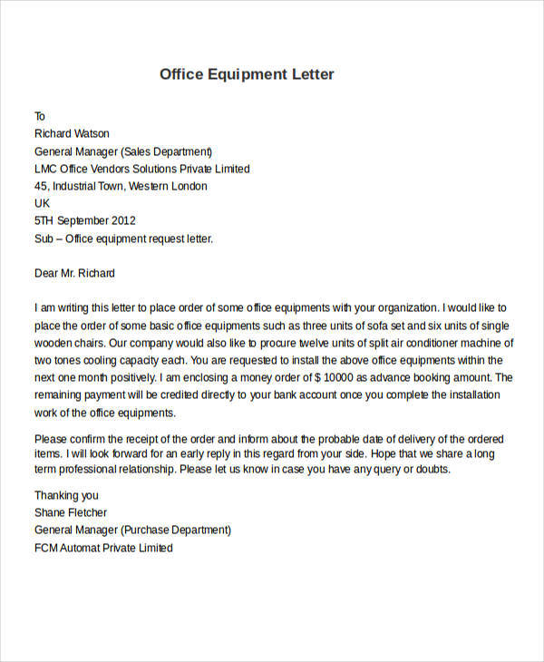 request letter for permission to use equipment