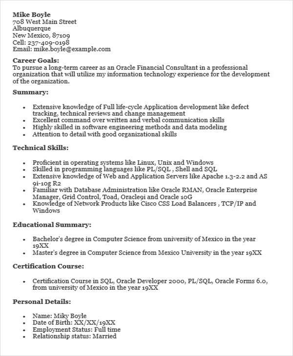 oracle financial consultant resume