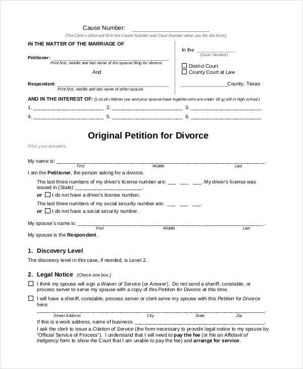 original petition for divorce