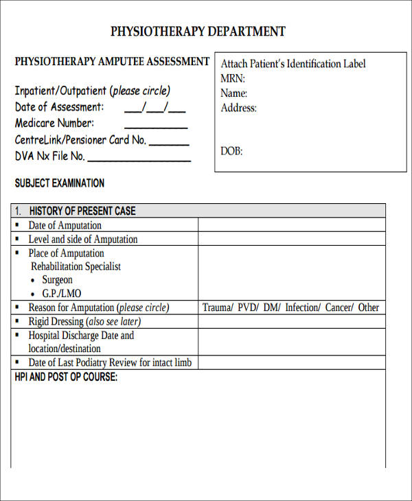 outpatient physiotherapy amputte assessment form