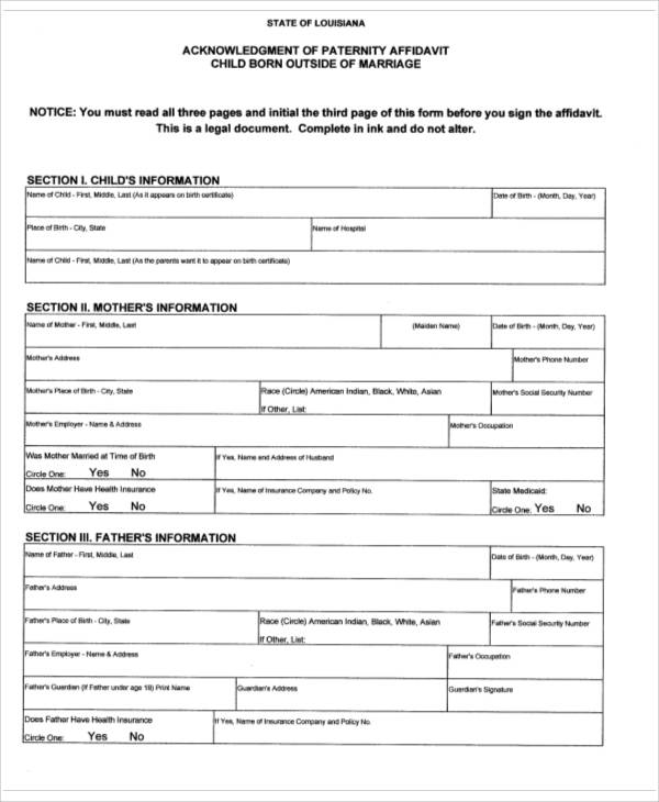 paternity affidavit form sample