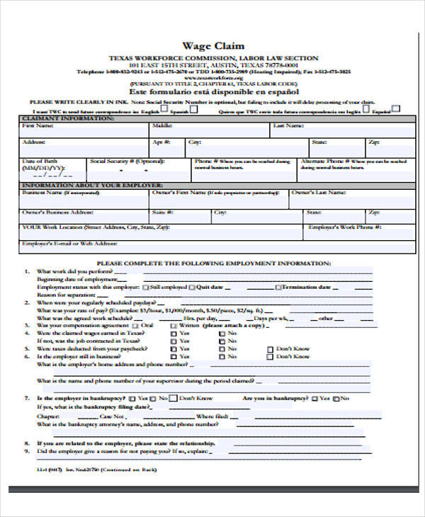 payment of wages claim form