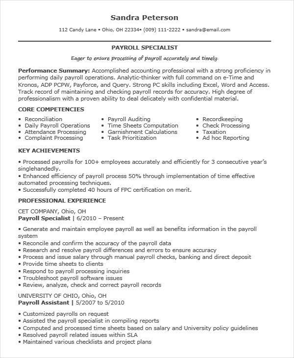 payroll executive experience resume