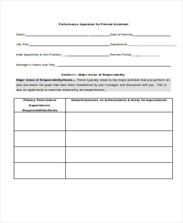 personal assistant appraisal form