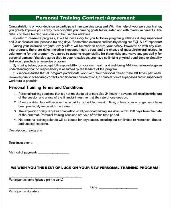 personal training contract agreement