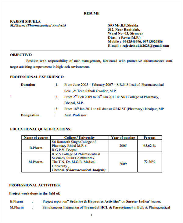 resume format for freshers pharmacy