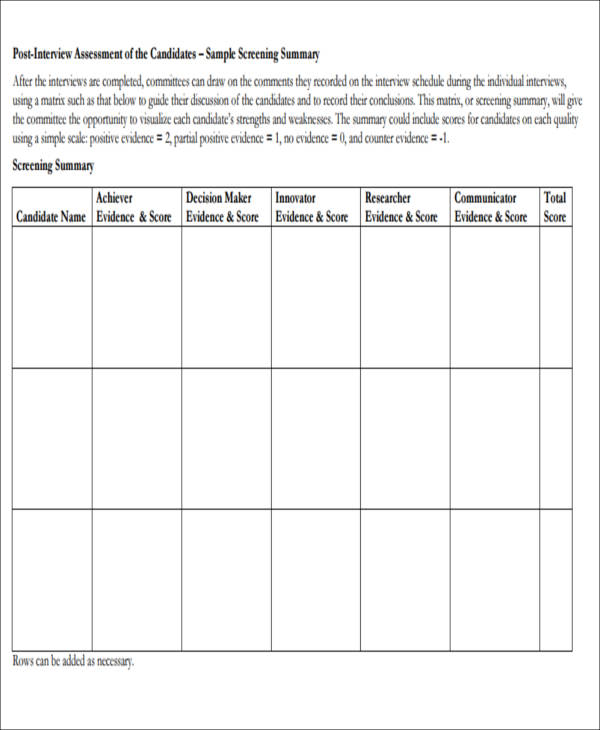 post interview candidate assessment form