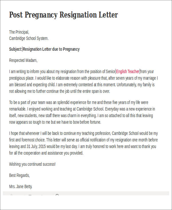 post pregnancy resignation letter