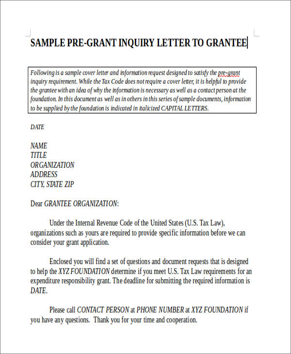 pre grant letter of inquiry