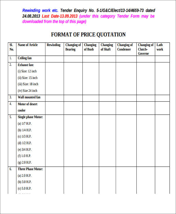 price quotation format