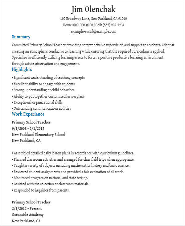 resume for teacher in word format