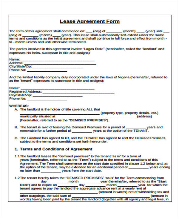 printable lease agreement form