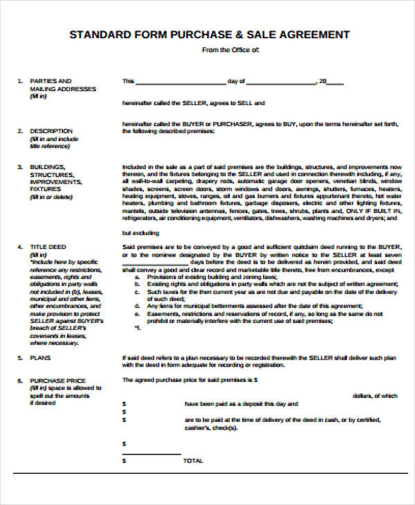 printable purchase agreement form