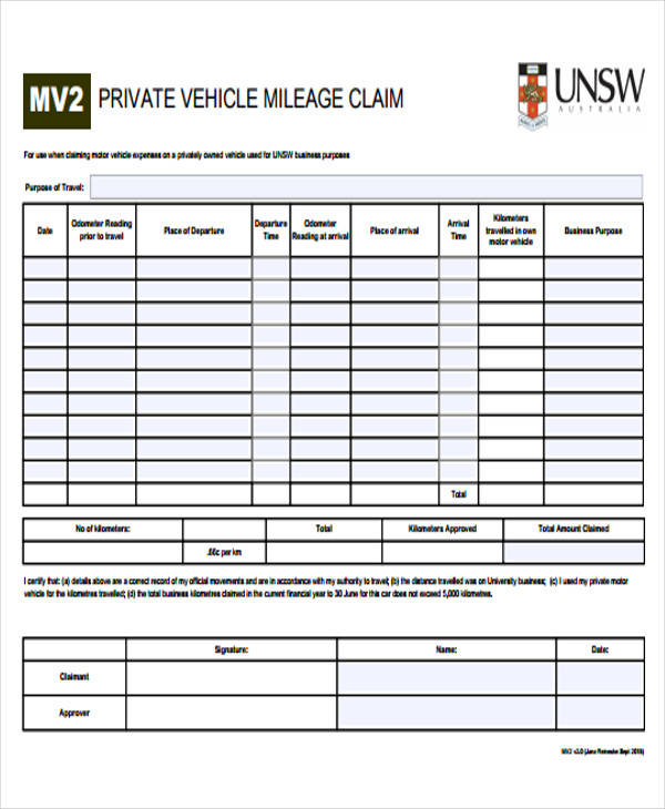 private mileage claim form