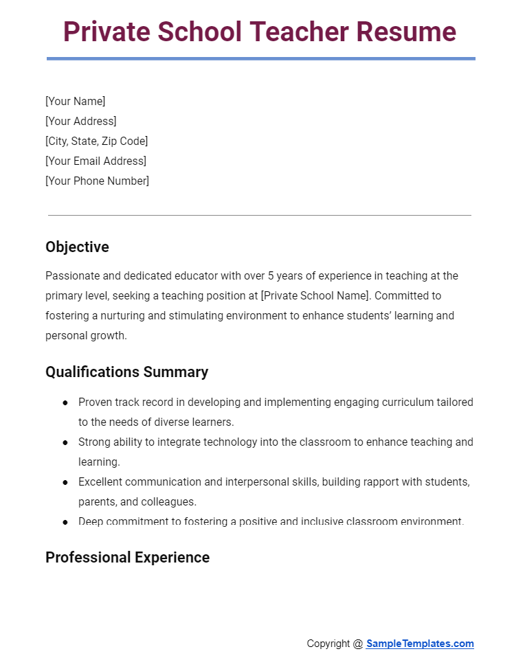 private school teacher resume