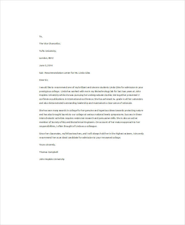 Letter Of Reference For Student From Professor