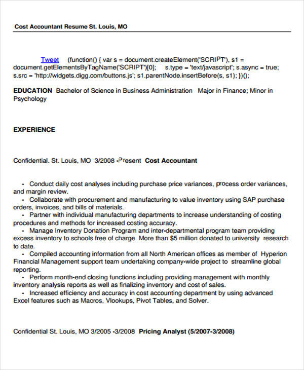 project cost accountant resume