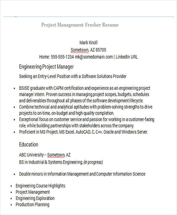 project management fresher resume