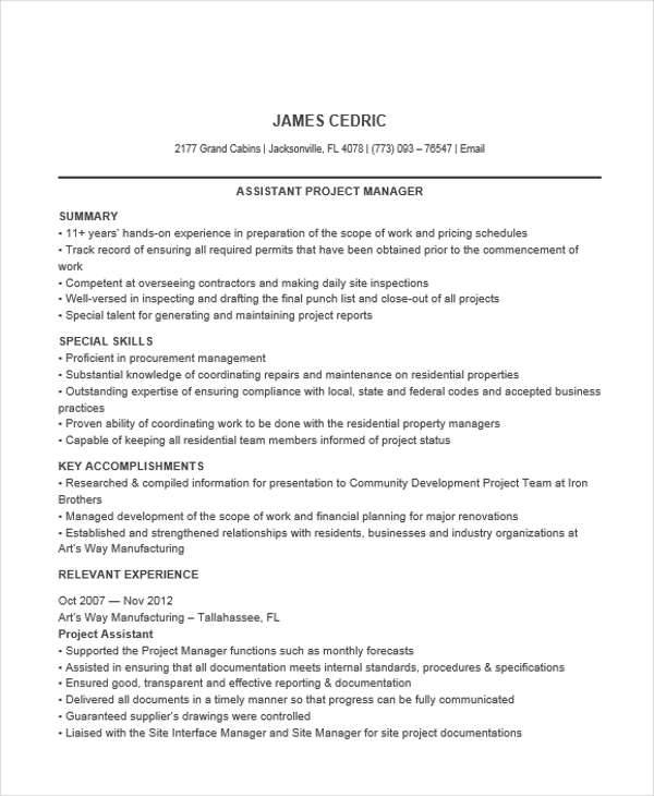 project manager assistant resume