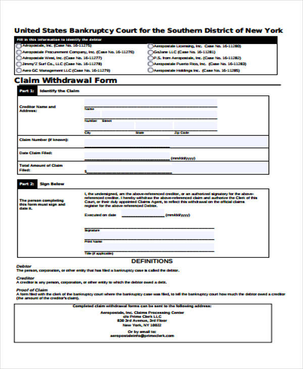 proof of claim withdrawal form