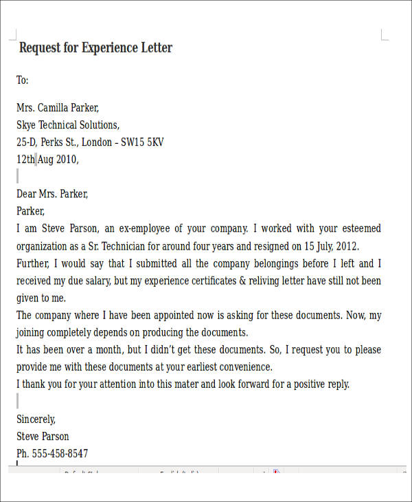 Download Experience Letter Template In Word