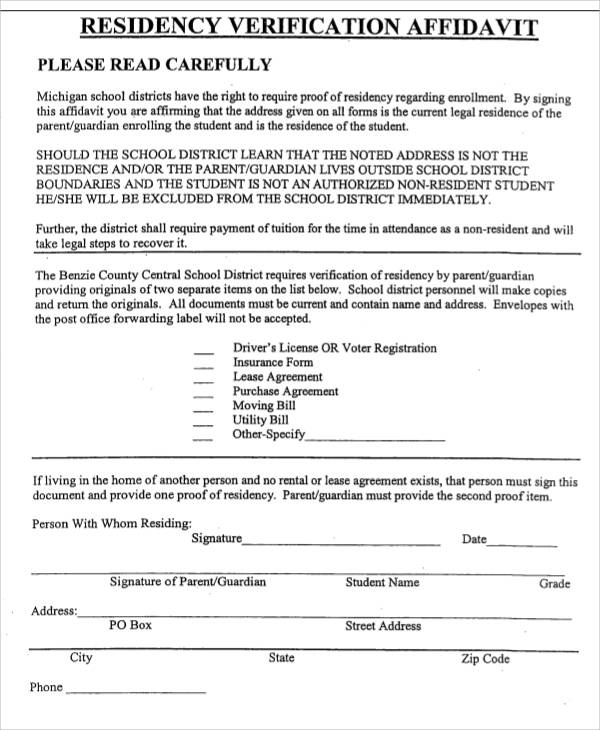 residency verification affidavit form