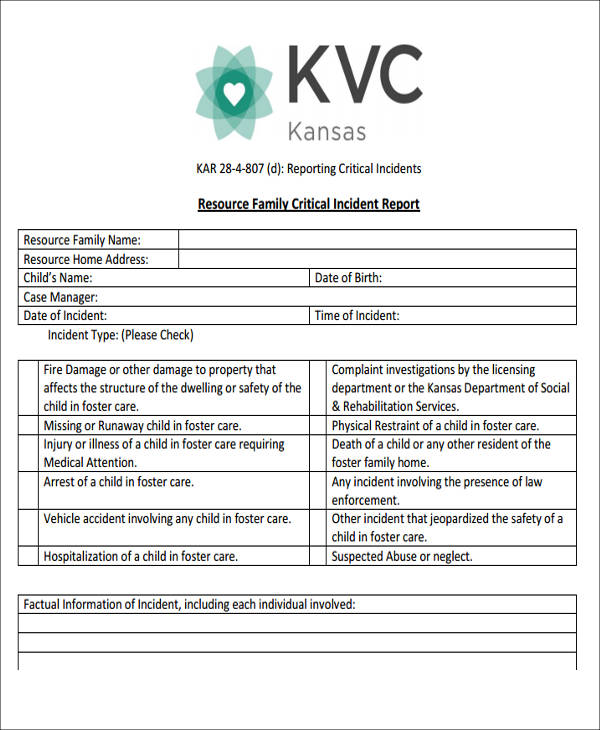 resource family critical incident report