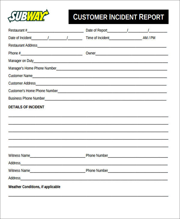 Restaurant Incident Report Template Gambaran