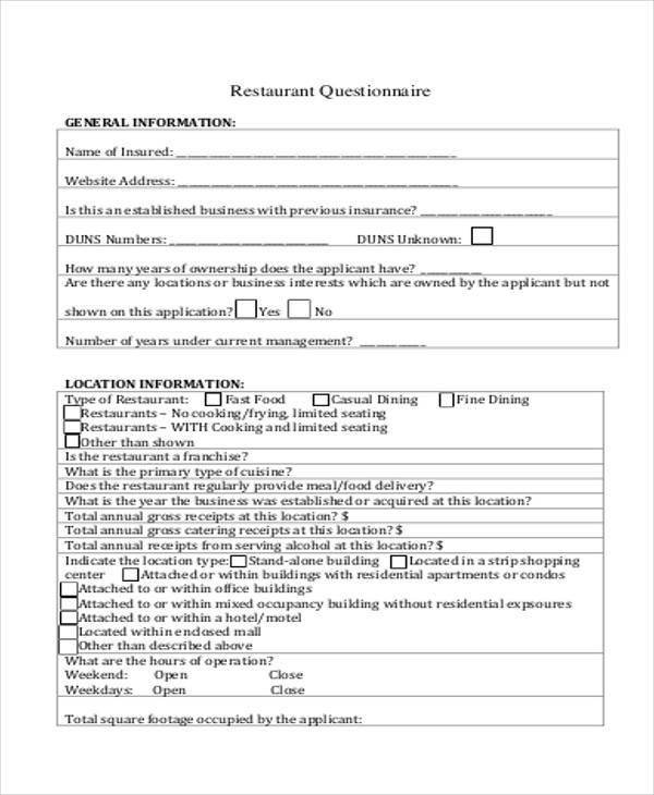 restaurant service survey form