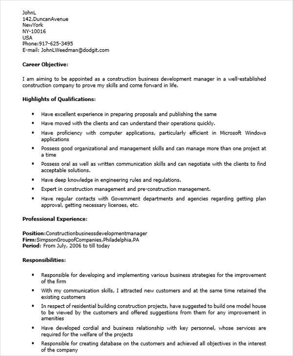 resume construction business manager