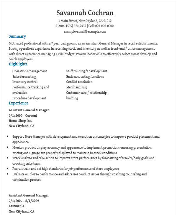 resume for assistant general manager1