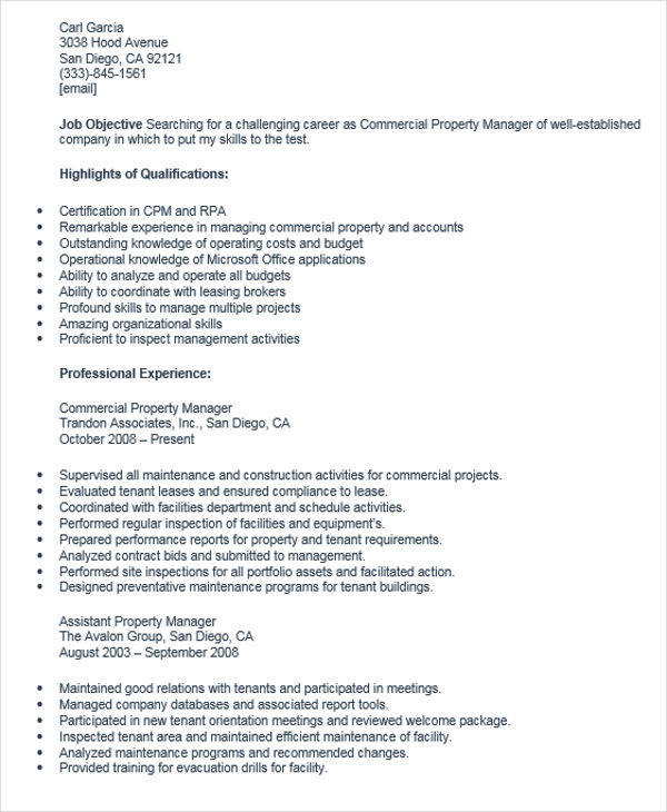 resume for commercial property manager