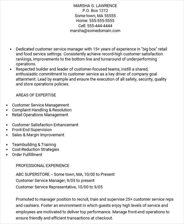 resume for customer service manager