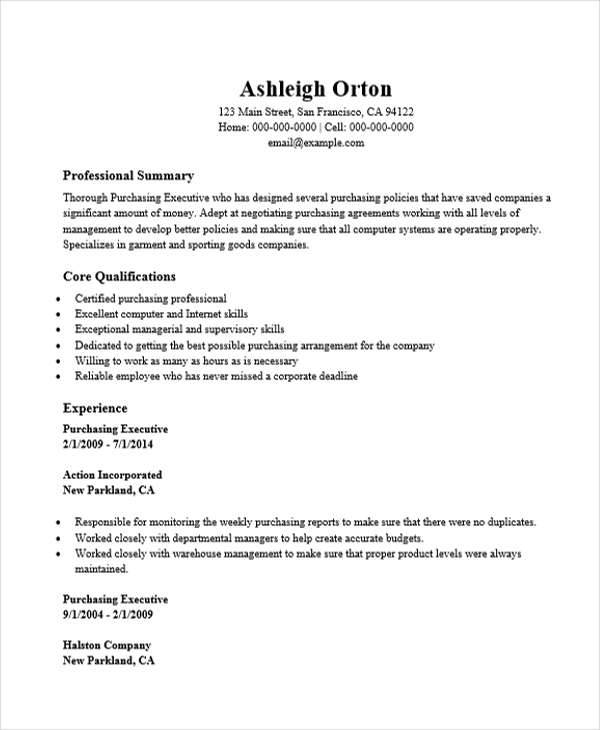 resume of senior purchase executive