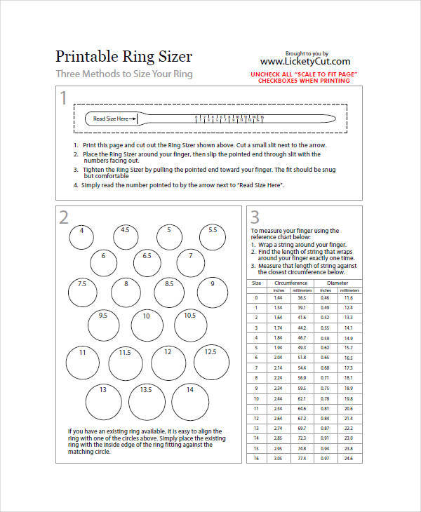printable ring sizer chart accurate