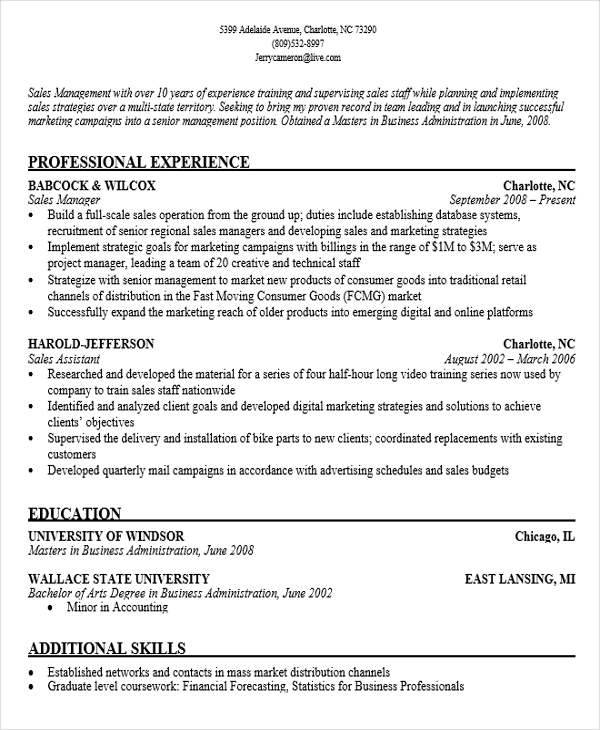 sales manager experience resume