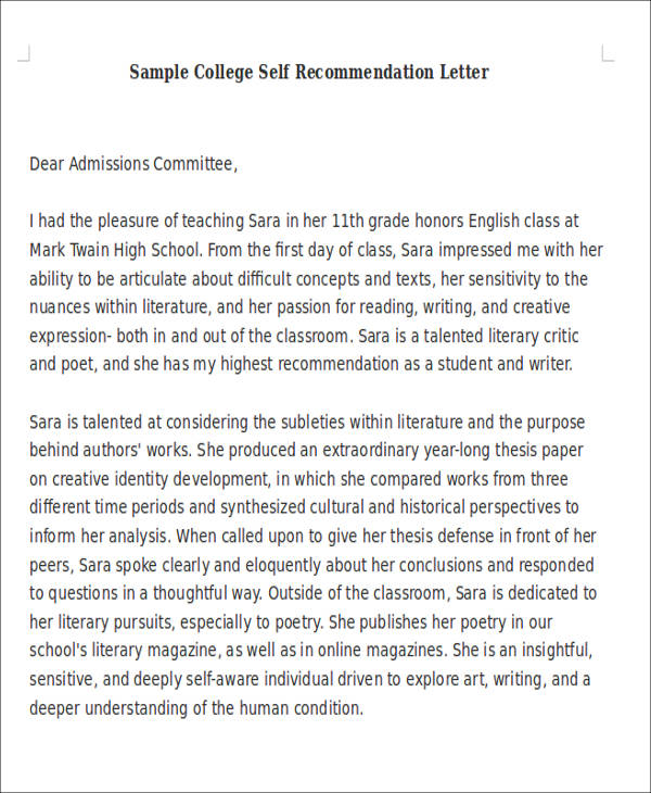 Sample College Self Recommendation Letter